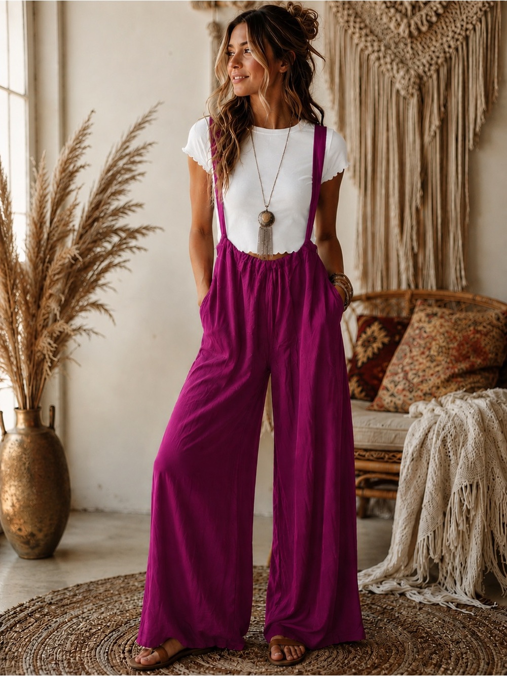 Zenana Outfitters LT Plum Wide-Leg Suspender Jumpsuit